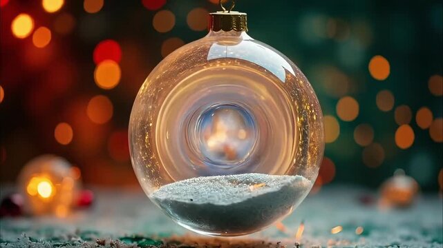 Magical Christmas scene: a European girl decorates a tree, camera zooms out revealing the village shrinking into a detailed, glowing miniature winter landscape inside a glass ornament.