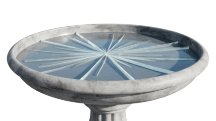 A stone bird bath or fountain basin filled with water, featuring dramatically broken ice in a starburst pattern, suggesting cold weather. background removed
