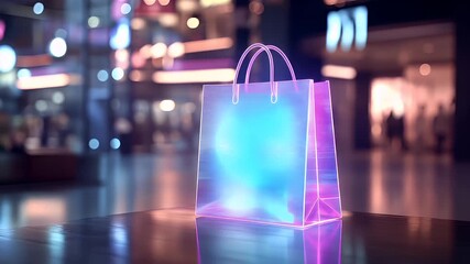 Holiday shopping season. Retail business promotion concept. A neonlit shopping bag with a gradient of blue and pink hues sits on a reflective surface, possibly a table or countertop.