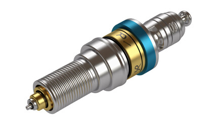 A detailed 3D render of a modern spark plug, metallic silver, gold, and blue, with intricate threading and 'R' markings. background removed