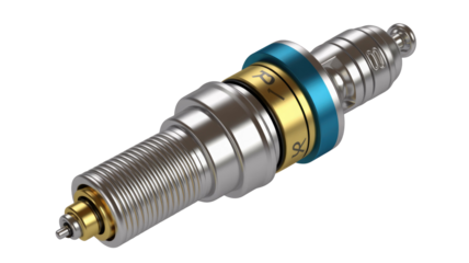 A detailed 3D render of a modern spark plug, metallic silver, gold, and blue, with intricate threading and 'R' markings. background removed