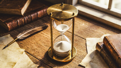 Brass hourglass on a rustic wooden desk with antique books, a quill pen, and old paper,...