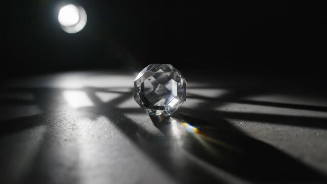 Dramatic high contrast scene featuring a small crystal prism illuminated by a single focused light source casting long geometric shadow patterns on a smooth surface conceptual, elegant, optical