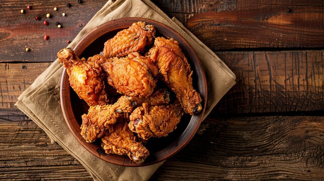 Crispy fried chicken drumsticks with golden breading served in rustic bowl on wooden table