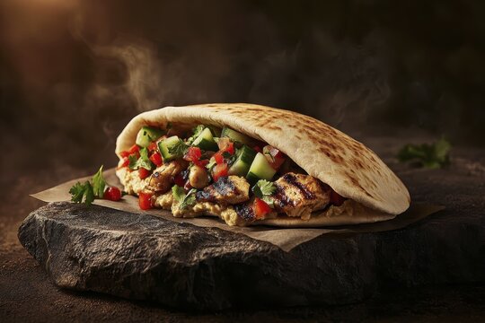 Delicious grilled chicken shawarma with fresh vegetables and pita bread on rustic stone surface