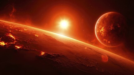 Stunning view of fiery planet with bright sun in distant universe
