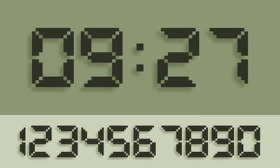 Pixel LCD numbers. Retro digital figures for a electronic devices. Classic vintage calculators, timers or scoreboard screens. Vector illustration.