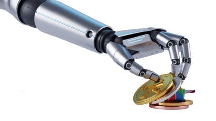 Cyborg arm clutches a stack of championship medals, including a gold '10', symbolizing technological achievement, success, and digital excellence. background removed