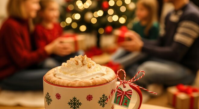 A Cozy Family Christmas Evening: A Warm Cup of Hot Chocolate in Focus, with Two Children and Adults Enjoying the Festive Atmosphere Around a Christmas Tree