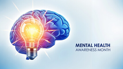 Illustration of a brain with a glowing light bulb symbolizing ideas for Mental Health Awareness Month