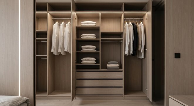 Light-toned wood wardrobe with open compartments. Clothes, linens, and drawers are visible inside