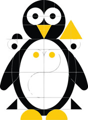 Stylized black and white penguin illustration composed of geometric shapes on a white background