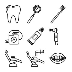 Obraz premium Vector set of illustrations representing dental equipment and anatomical elements in a line art style