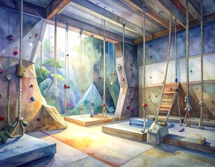 Watercolor depiction of an indoor climbing gym with climbing walls and ropes course