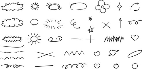 Hand drawn doodle brush lines vector image pack. Line Pencil crayon arrows, cross sign, text quote frames, stars, check, mark icons set emphasis elements infographic. Hand drawn scribble decoration.