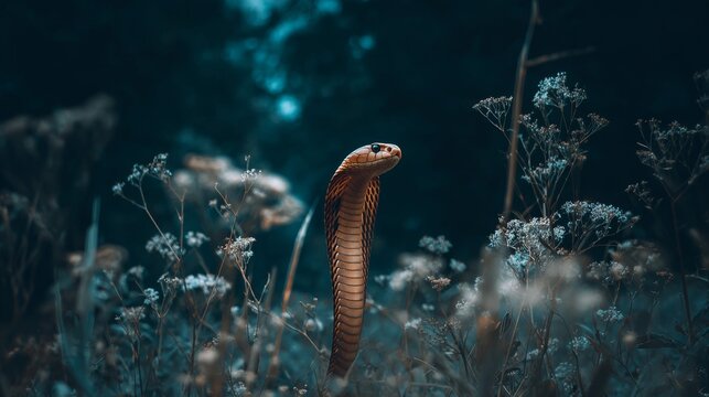Close-up view of a cobra standing upright among the grass, displaying its hood, alert eyes and defensive posture, symbolizing wildlife behavior, reptile danger, survival instincts and natural habitats