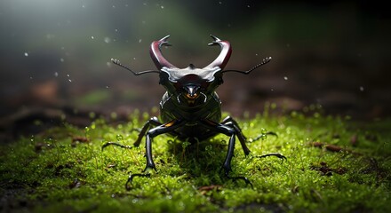 Dark stag beetle with huge antlers standing on wet vibrant green moss