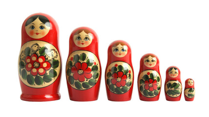 Fototapeta premium A traditional set of six red Russian matryoshka nesting dolls, hand-painted with charming faces and vibrant floral patterns, arranged by size. background removed