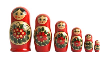 A traditional set of six red Russian matryoshka nesting dolls, hand-painted with charming faces and vibrant floral patterns, arranged by size. background removed