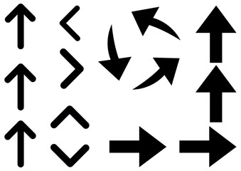 Black arrow symbol grid featuring vertical, angled, curved, and rotational arrows in minimalist line art for flow, movement, and instructional design
