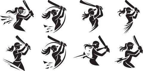 Female cricket batter vector silhouette collection, stylish sports emblem , continuous line drawing, logo style.