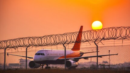 Passenger plane parked at airport behind barbed wire fence with orange sky and setting sun, showing aviation, airport, travel, security, sunset, outdoor, aircraft, clouds, runway, and horizon concepts