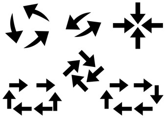Black arrow diagram set with circular, square, converging, and alternating directional flows in minimalist line art for process and system vector illustration
