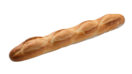 A golden-brown French baguette with characteristic diagonal cuts, freshly baked and ready for slicing, presented against a clean transparent background. background removed