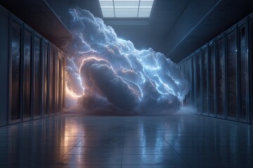 A server room interior shows a cloud-like lightning formation amidst rows of cabinets