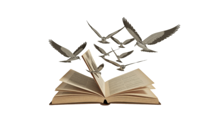 An open vintage book with numerous sepia-toned birds flying out, symbolizing knowledge, freedom, imagination, and the power of storytelling. background removed