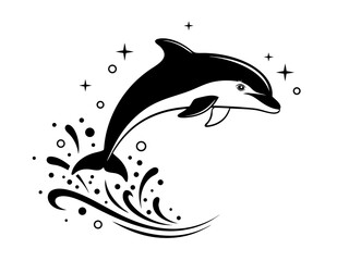Monochrome graphic of a majestic dolphin leaping from dynamic sparkling water splashes with abstract starry elements, embodying aquatic grace and freedom