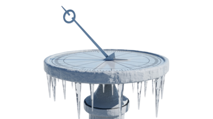 A 3D render of a frosted sundial with sharp icicles hanging from its edge, depicting a frozen timekeeper against a transparent background. background removed