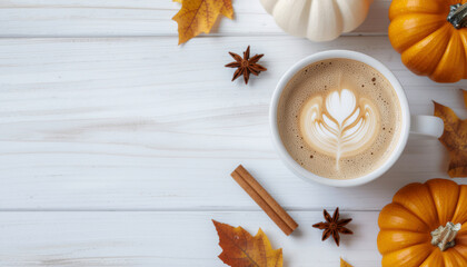 Autumn Hot Beverages Flat Lay with Cinnamon and Fall Elements — Cozy Seasonal Drink Photography
