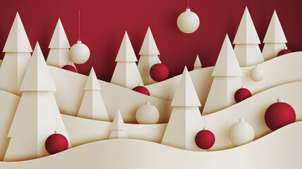 Paper cut christmas scene with trees snow and ornaments on red background