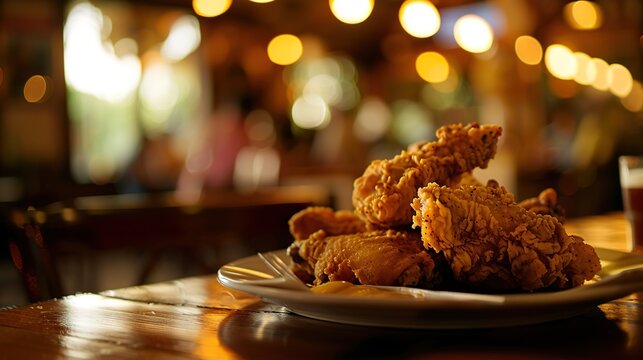 Crispy fried chicken with golden breading served on plate in warm restaurant lighting