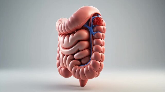 High-detail 3D medical animation of the large intestine with clean scientific segmentation and neutral studio lighting. Ideal for anatomy education, healthcare visuals, and medical presentations