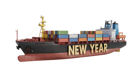 A container ship, loaded with colorful cargo, prominently displays "NEW YEAR" in golden 3D letters on its hull, symbolizing fresh starts. background removed