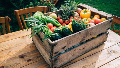 Rustic wooden crate overflowing with fresh, vibrant vegetables and herbs on a wooden table. Represents abundance, healthy eating, and local produce. Perfect for food blogs or farmtotable concepts.