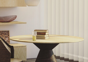 A round wooden table with books and a glass of juice in a bright and minimalist interior design space
