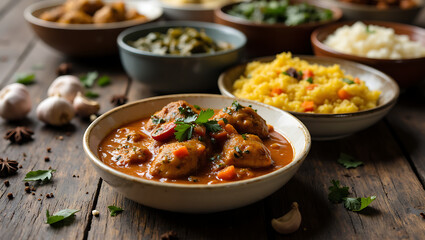 Indian Cuisine Flatlay with Chicken Tikka Masala, Rice, Spinach Curry, and Spices on Rustic Wooden Surface