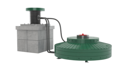 A green, ribbed disc-shaped device connected by hoses to a concrete block with a corrugated pipe and cap. background removed