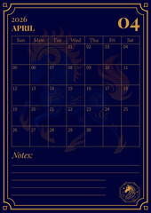 2026 April Calendar Page with Zodiac Horse