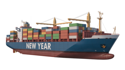 A large cargo ship transports colorful containers, with "NEW YEAR" emblazoned on its hull, ready for global delivery on a transparent background. background removed