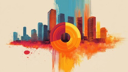 Artistic depiction of a cityscape, featuring colorful strokes and a circular infographic