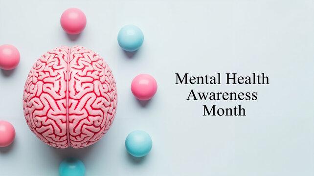 Colorful brain model surrounded by pastel-colored balls for Mental Health Awareness Month