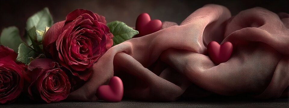 a close-up view of a bouquet of red roses and green leaves, accompanied by a plush item resembling a towel or a blanket