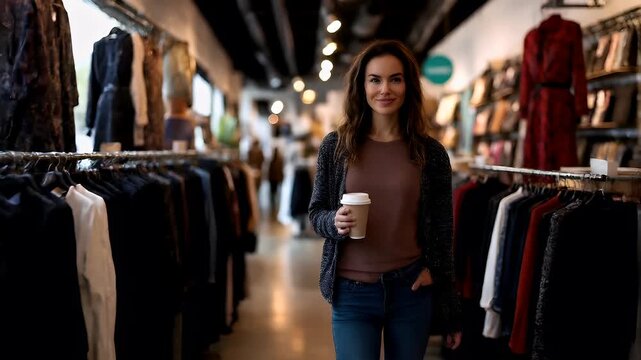 Holiday shopping season. Retail business promotion concept. A woman stands in a clothing store, holding a takeaway coffee cup. The stores interior is bustling with activity.