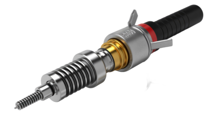 A precision mechanical device, possibly a probe or connector, with metallic, gold, and rubber elements, featuring a corrugated body and fine spring tip. background removed
