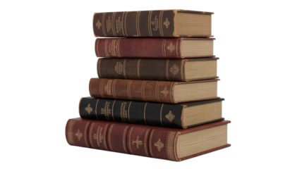 Seven antique hardcover books stacked vertically, displaying ornate, aged spines in brown and black against a solid transparent background. background removed