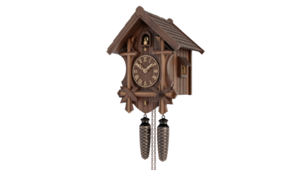 A traditional wooden cuckoo clock with intricate carvings, Roman numerals, and decorative pinecone weights, captured against a solid transparent background. background removed